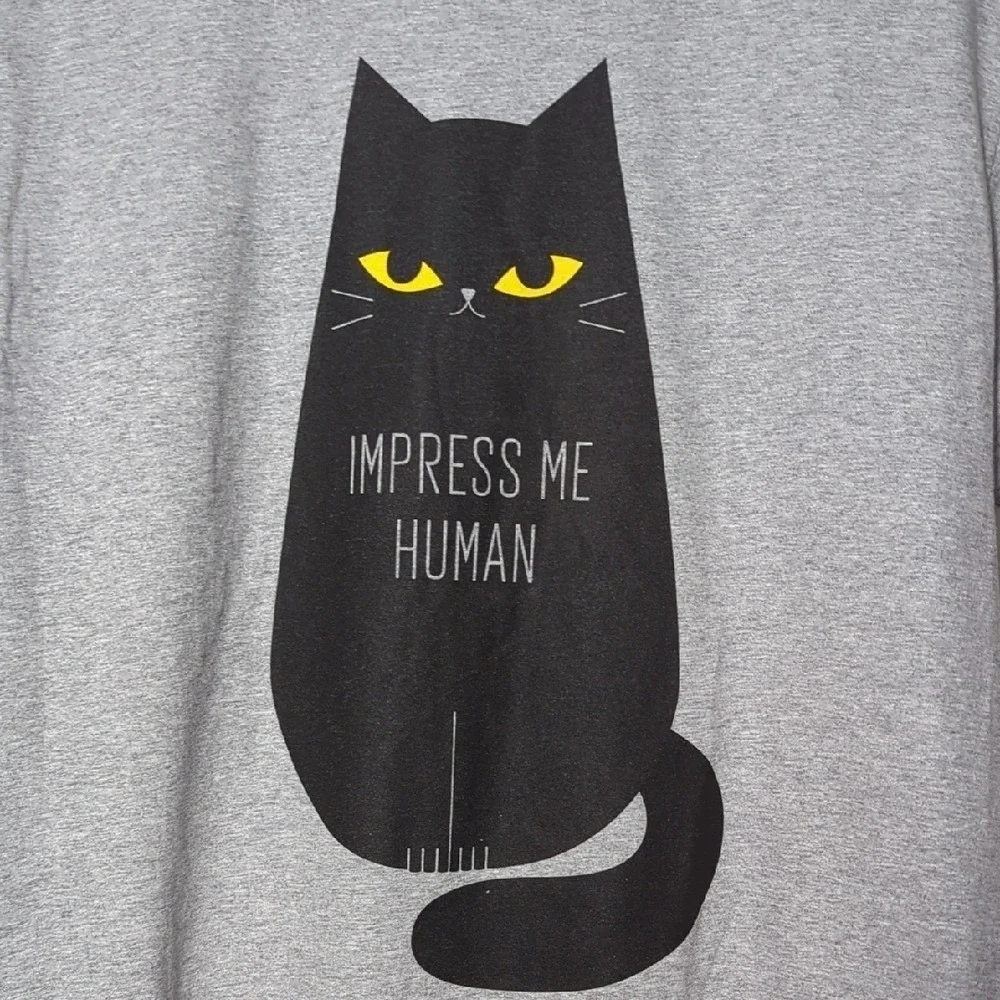 Fruit of the Loom Cotton Gray Novelty T-Shirt Unisex Medium Black Cat Impress Me